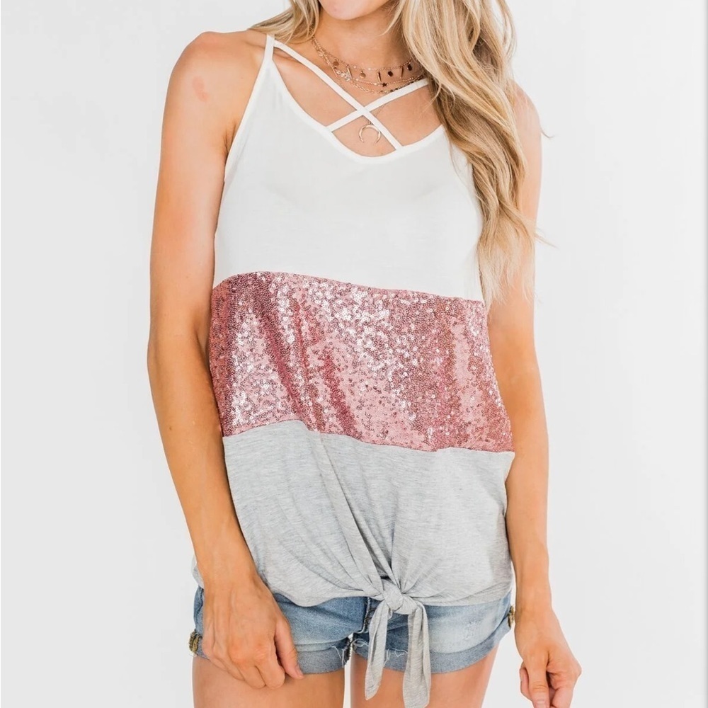 Ivory Pink Gray Halter Top with Front Knot & Sparkle Detail M
